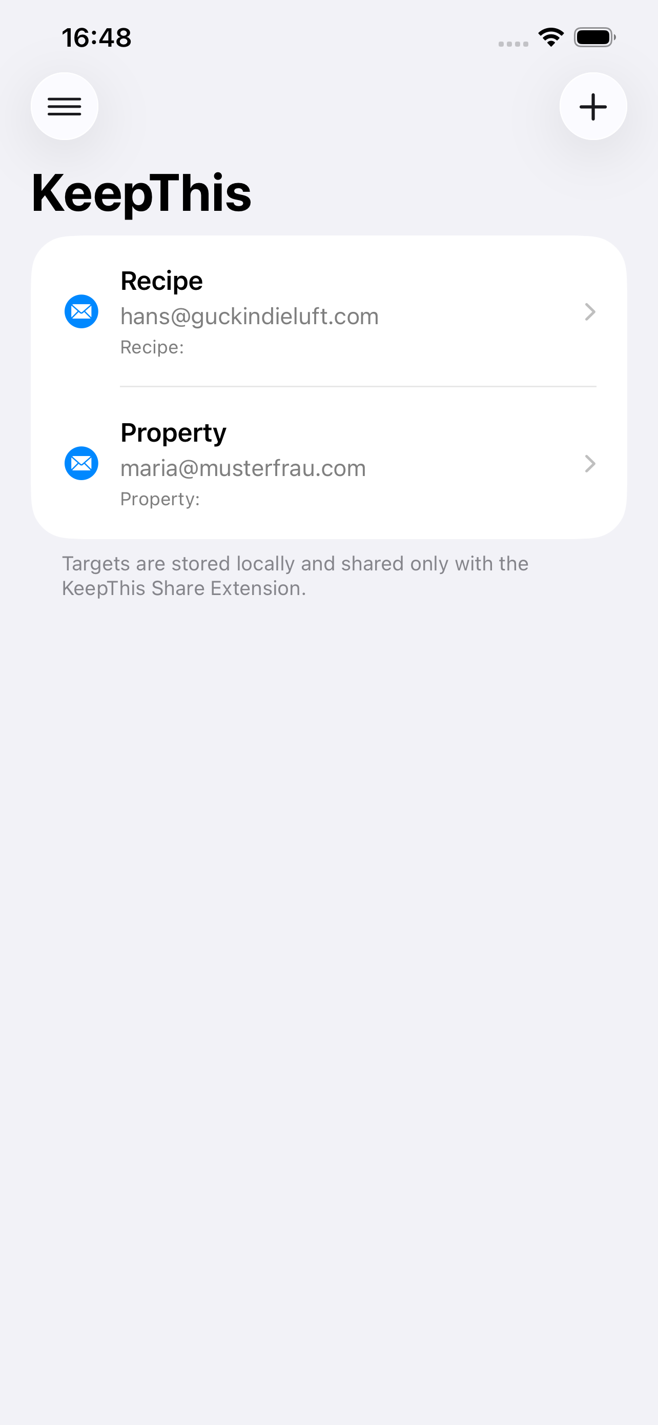 Keep This showing local email targets stored on device.