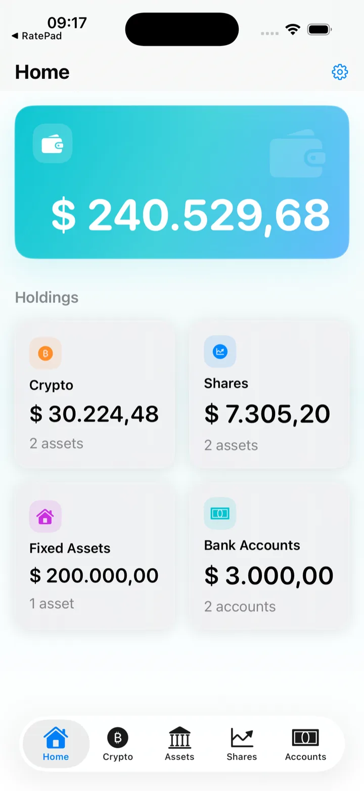 NetWorth home screen showing a total net worth dashboard.