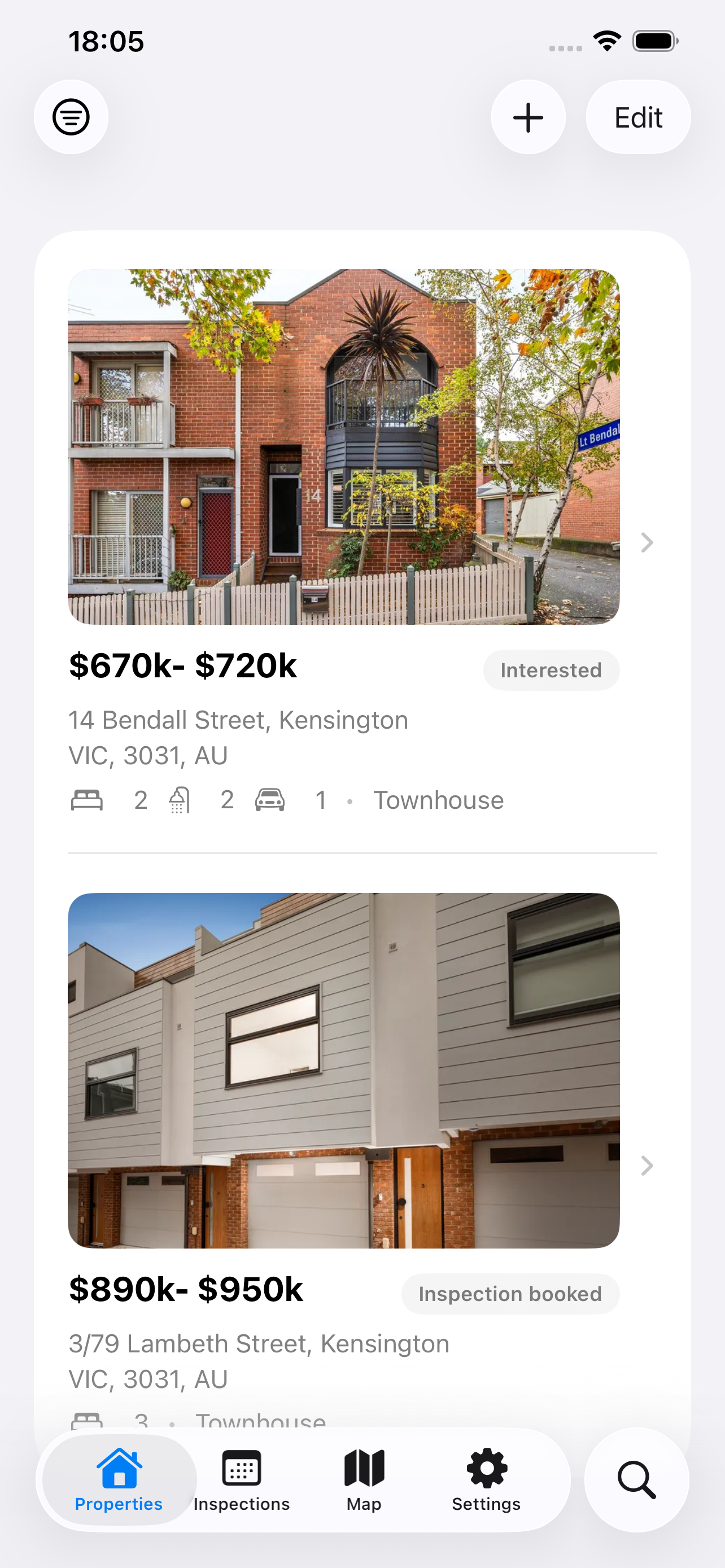 NextOpen showing a saved property inspection plan on iPhone
