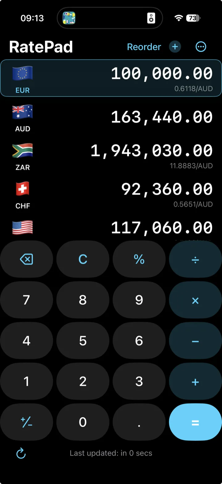 RatePad app interface with currency rows and keypad.
